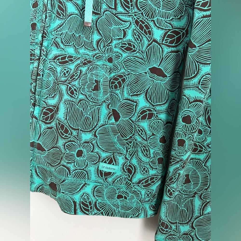 Liz Claiborne Teal and Brown Floral‎ Stretch Hoodie, Size Medium - Picture 9 of 13